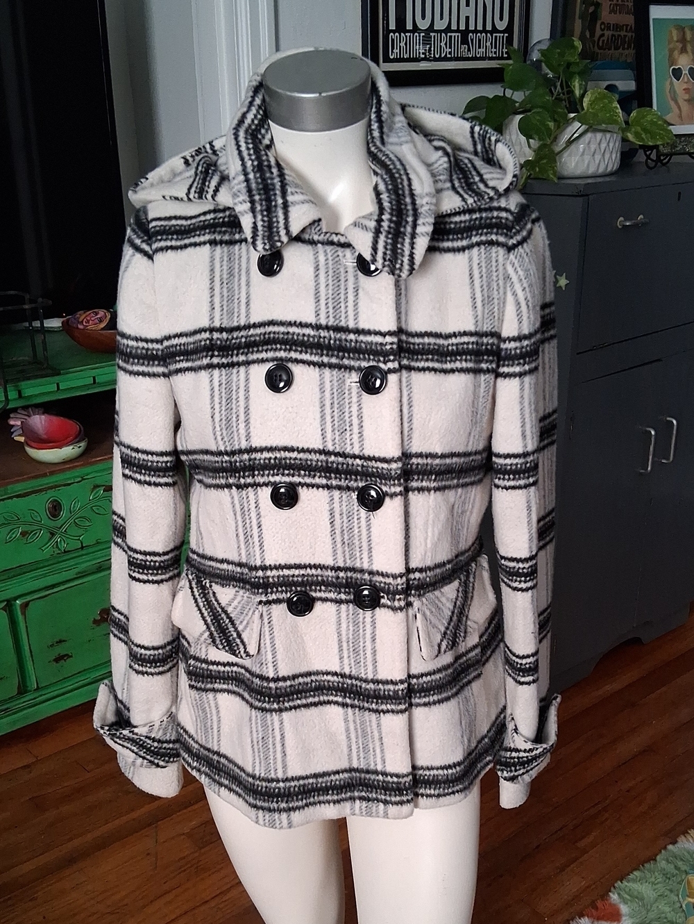Metaphor Black & Cream Plaid Double-Breasted Hooded Peacoat
